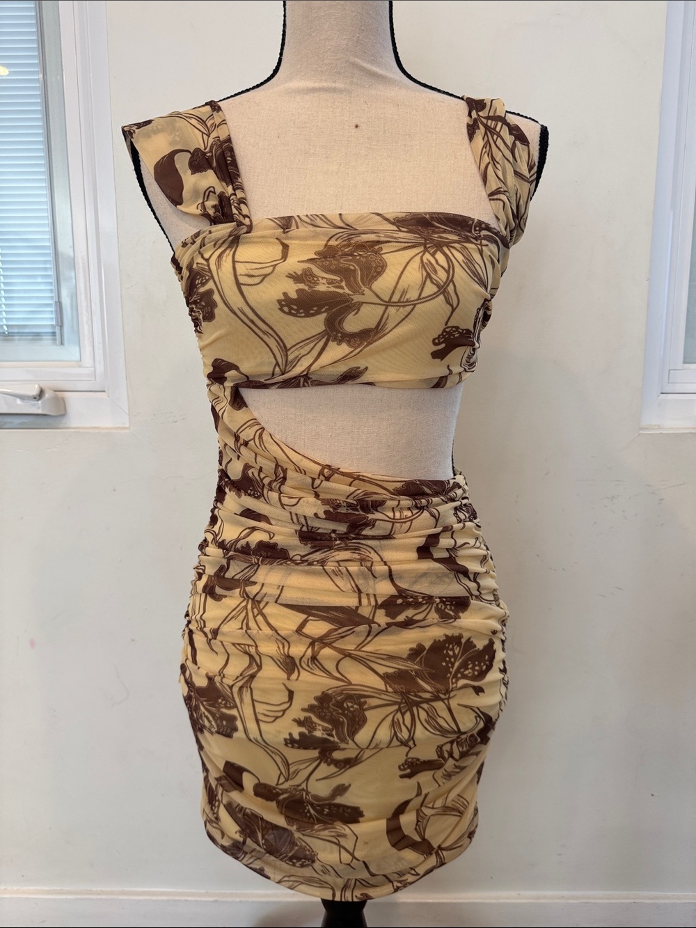 Zara Beige & Brown Floral Ruched Bodycon mini dress with open waist